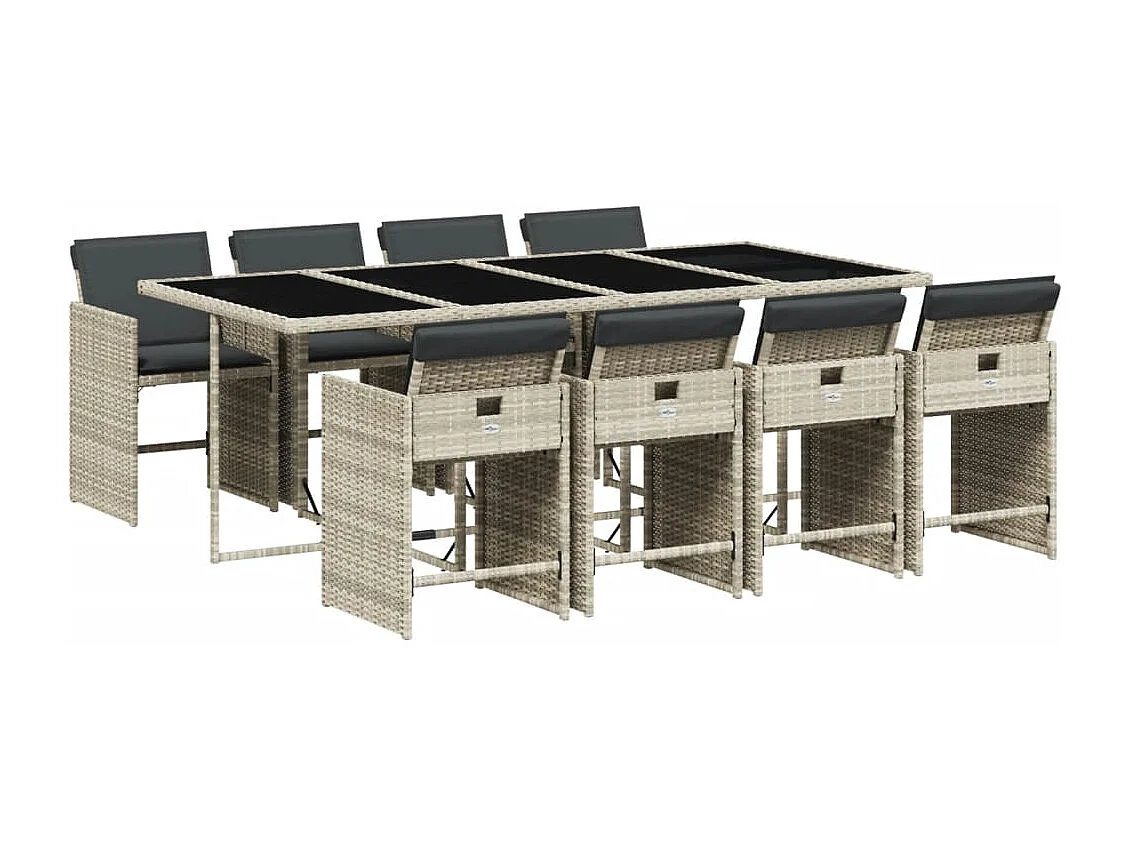 Set Pranzo da Giardino 9pz con Cuscini Grigio Chiaro Polyrattan
