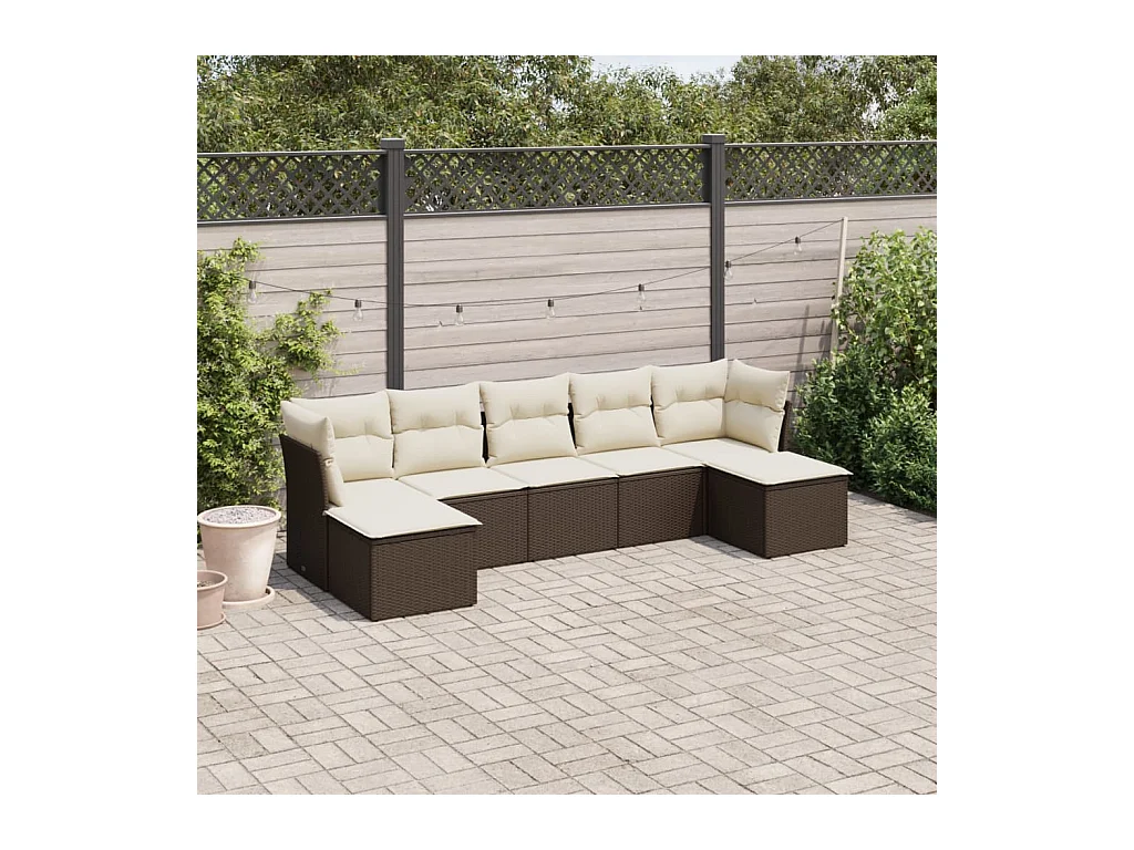 Set Divani da Giardino 7 pz con Cuscini Marrone in Polyrattan