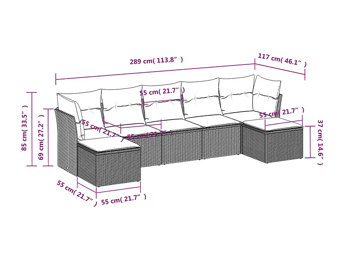 Salon de jardin avec coussins 7 pcs marron résine tressée