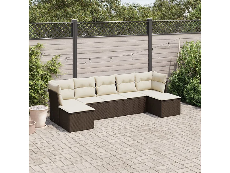 Set Divani da Giardino 7 pz con Cuscini Marrone in Polyrattan