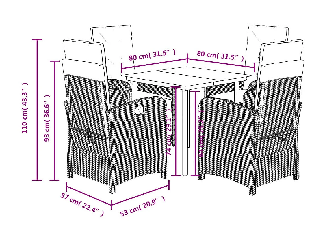 Set Pranzo da Giardino 5pz con Cuscini Grigio Chiaro Polyrattan