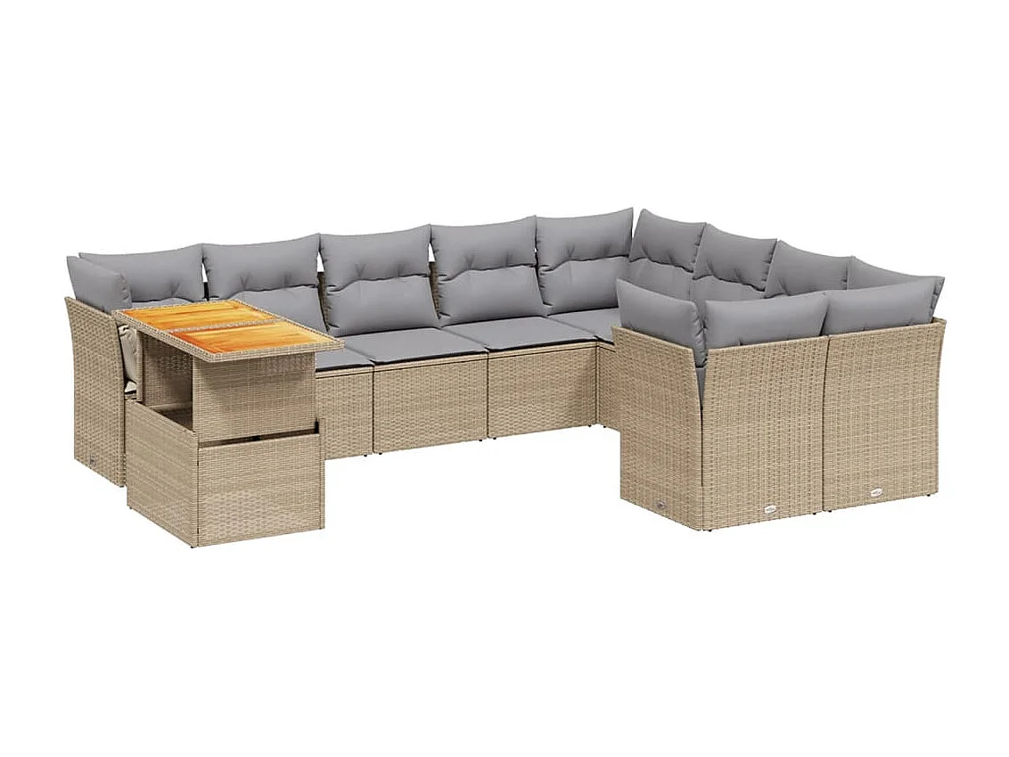 10-delige Loungeset met kussens poly rattan beige