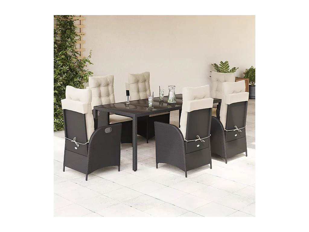 Ensemble à manger de jardin coussins 7pcs Noir Résine tressée