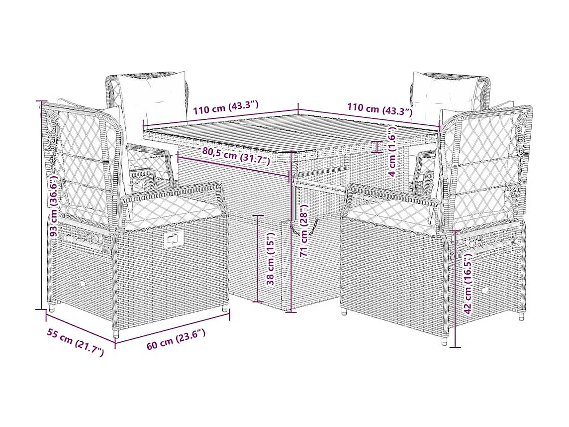 Set da Pranzo da Giardino 5 pz Nero con Cuscini in Polyrattan