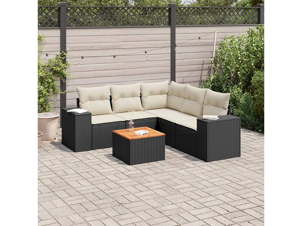 6-delige Loungeset met kussens poly rattan zwart