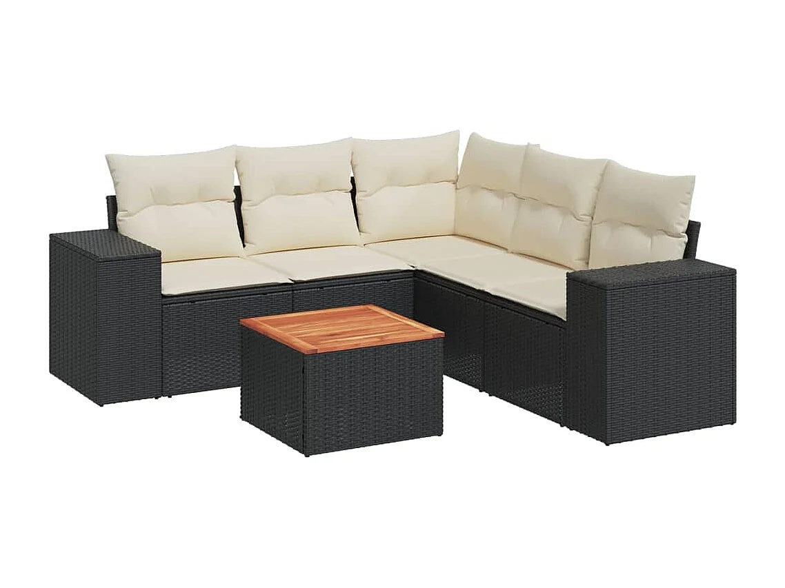 6-delige Loungeset met kussens poly rattan zwart