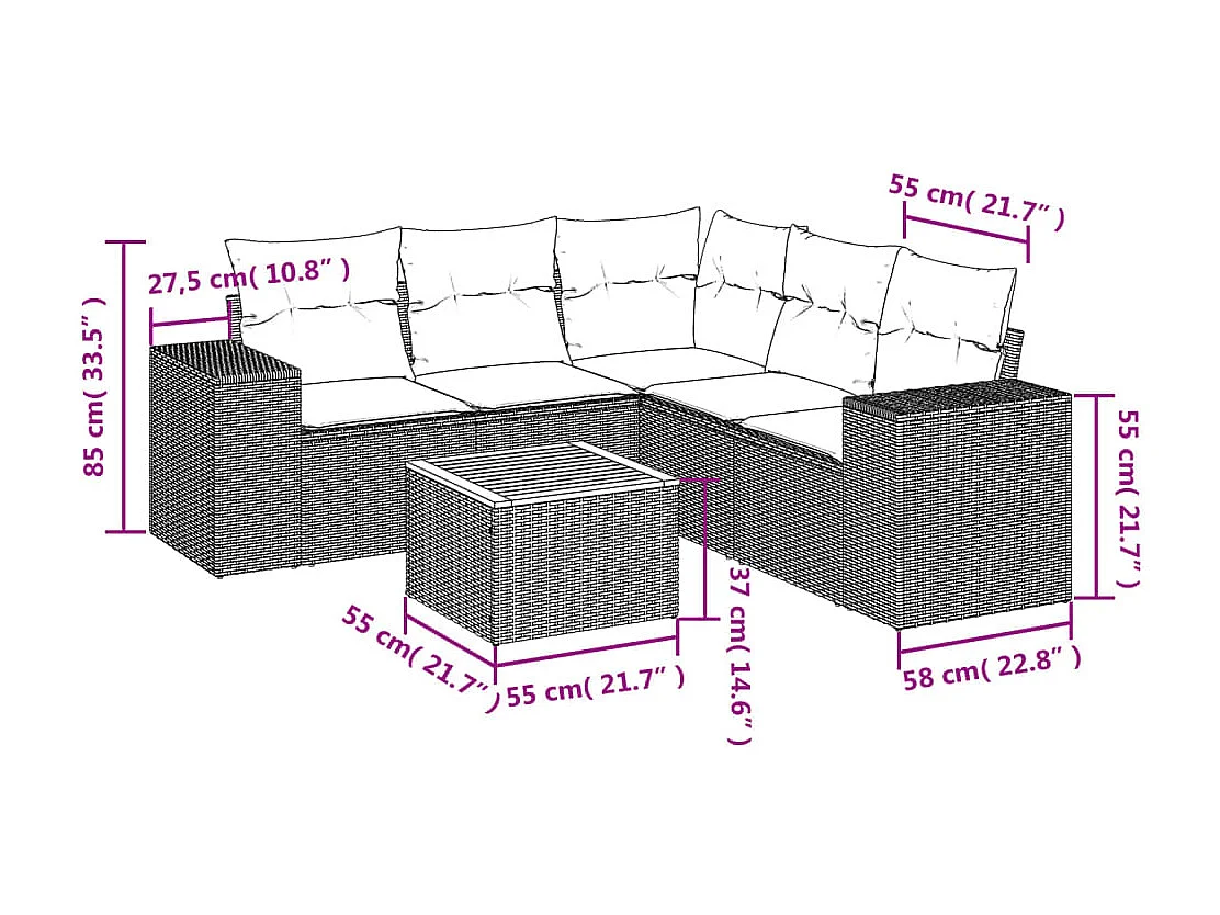 6-delige Loungeset met kussens poly rattan zwart