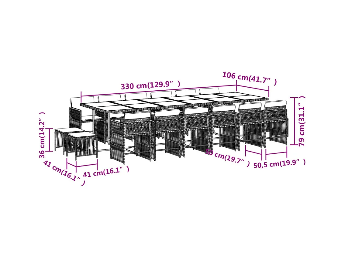 Ensemble à manger de jardin et coussins 17 pcs marron rotin