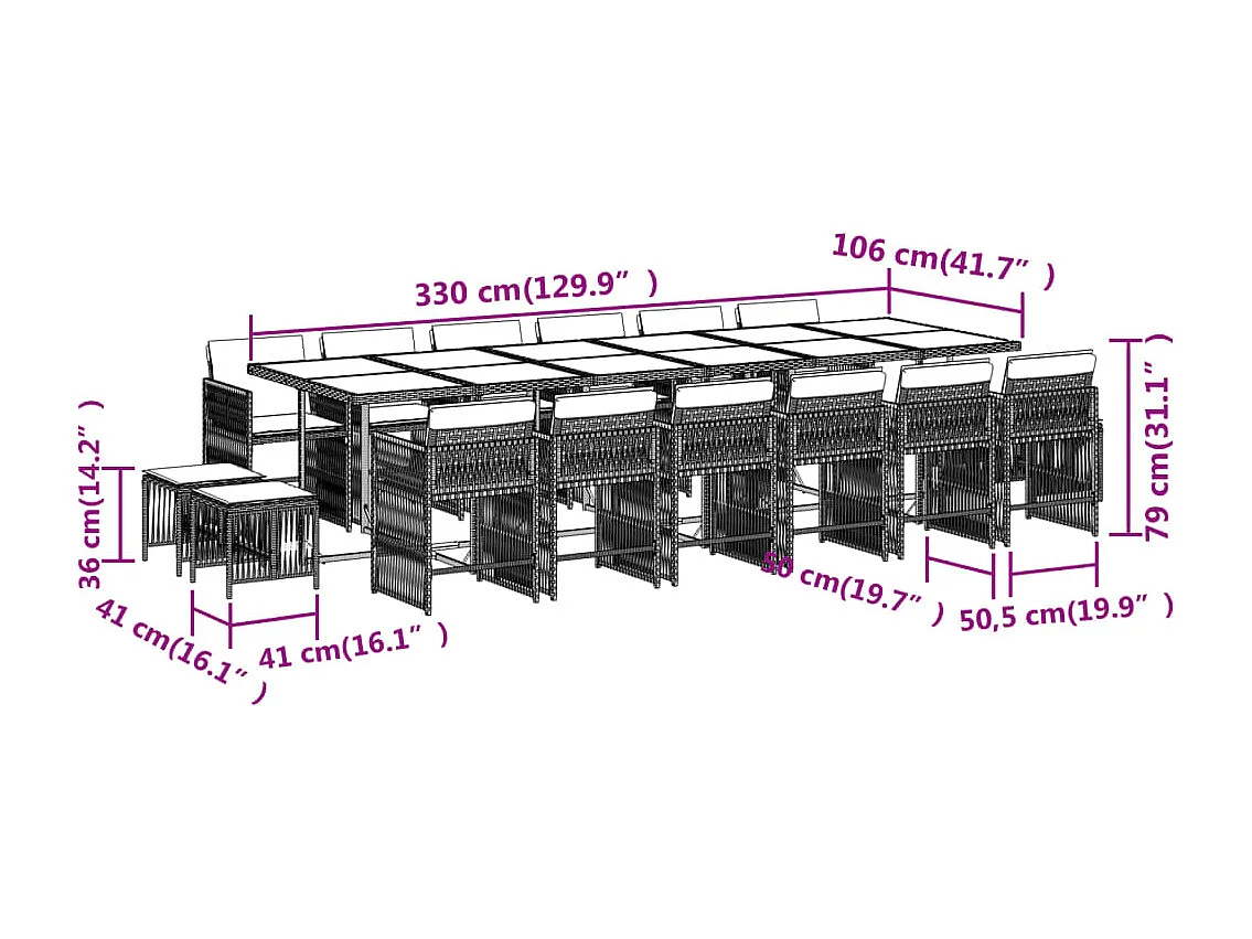 Ensemble à manger de jardin et coussins 17 pcs marron rotin