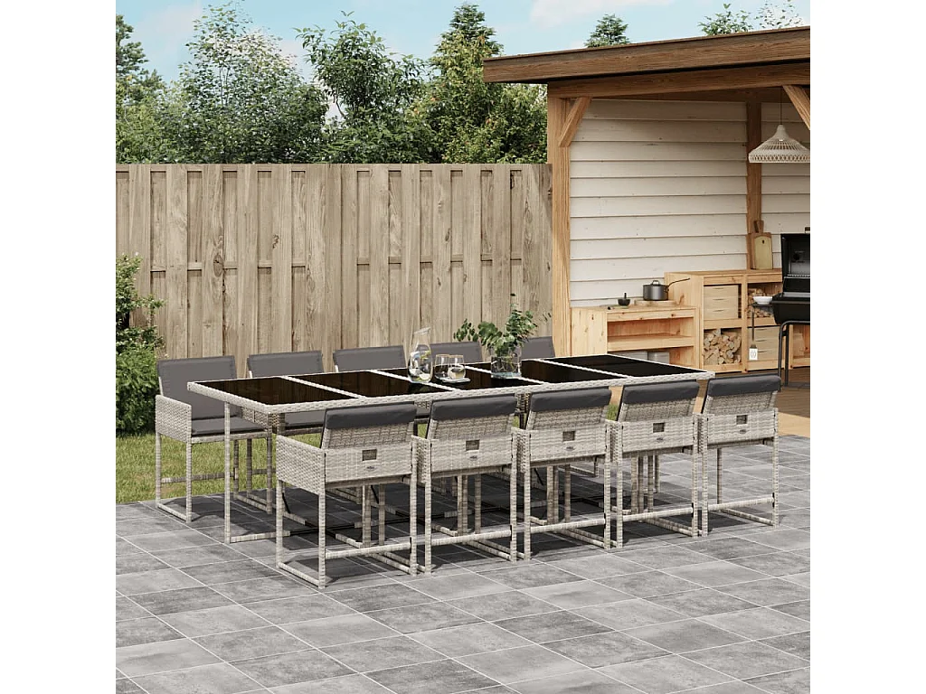 Set Pranzo Giardino 11pz con Cuscini Grigio Chiaro Polyrattan