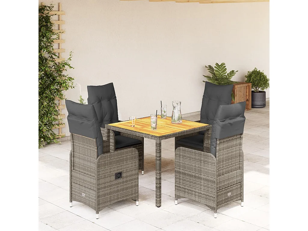 5 pcs conjunto bistrô de jardim c/ almofadões vime PE cinza