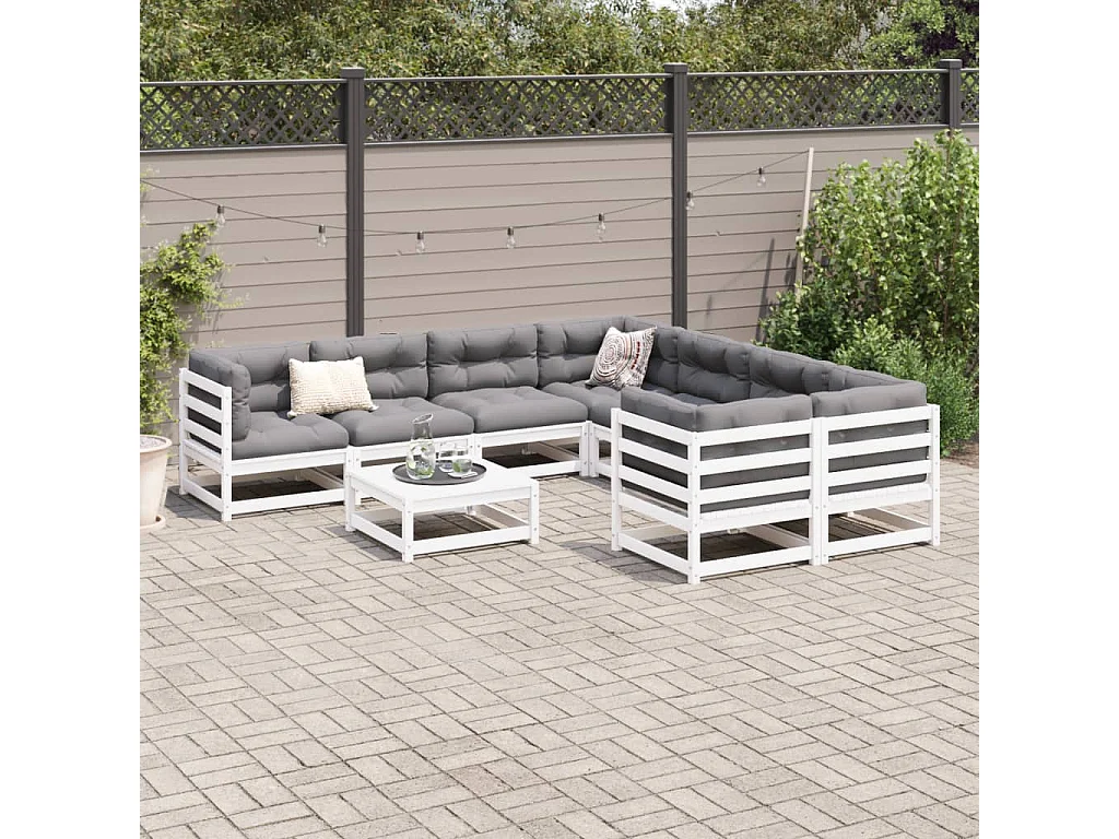 Salon de jardin 9 pcs blanc bois de pin massif