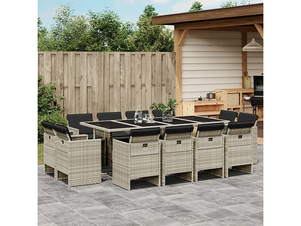 Set da Pranzo da Giardino 13pz con Cuscini Grigio in Polyrattan