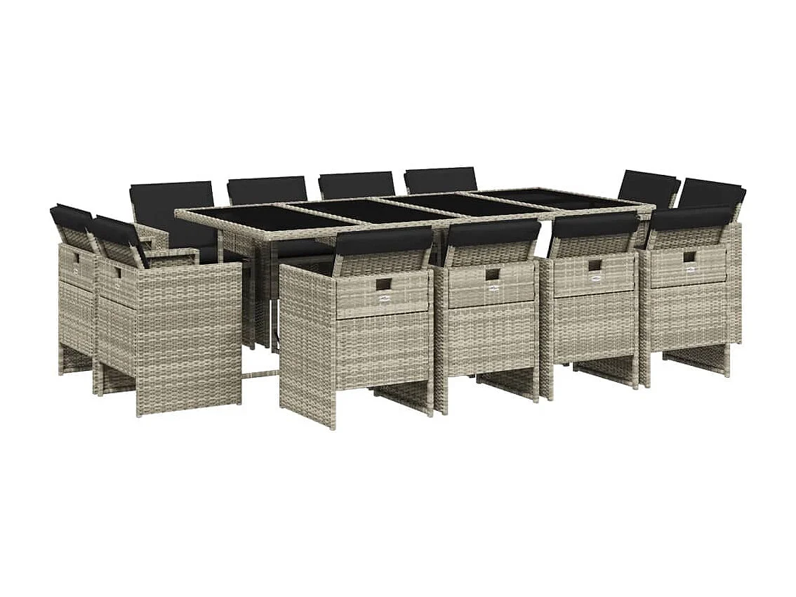 Set da Pranzo da Giardino 13pz con Cuscini Grigio in Polyrattan