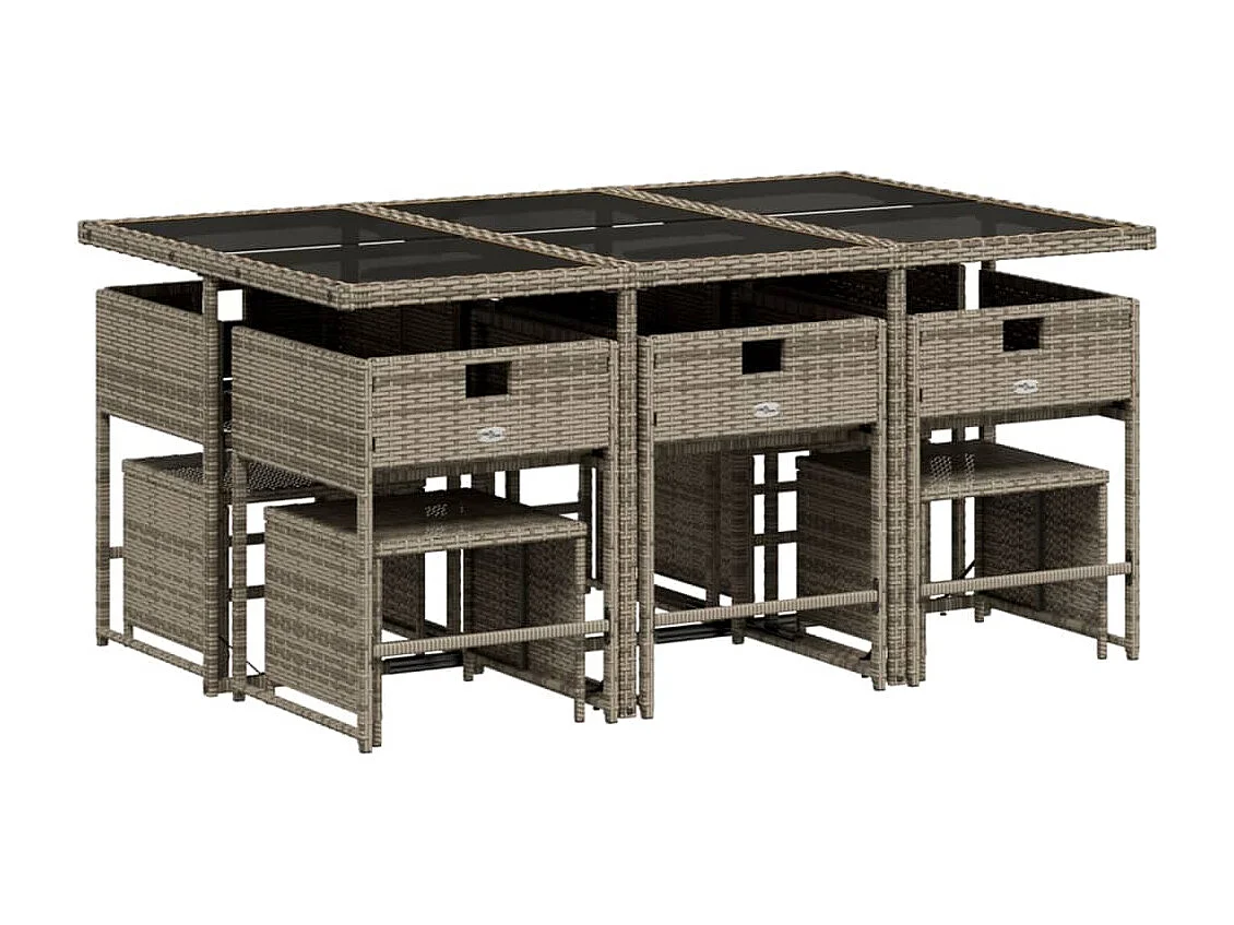 11 pcs conjunto jantar p/ jardim c/ almofadões vime PE cinzento