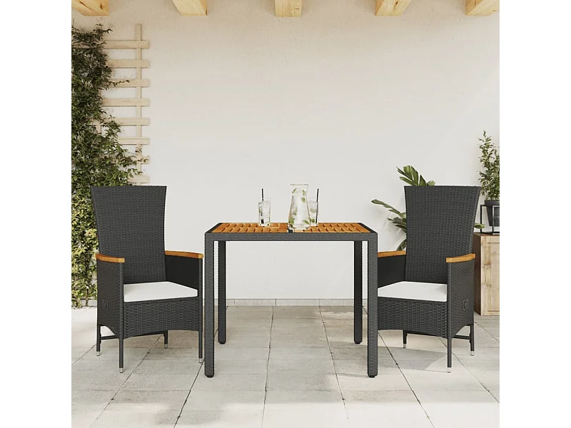 3-tlg. Garten-Essgruppe mit Kissen Schwarz Poly Rattan