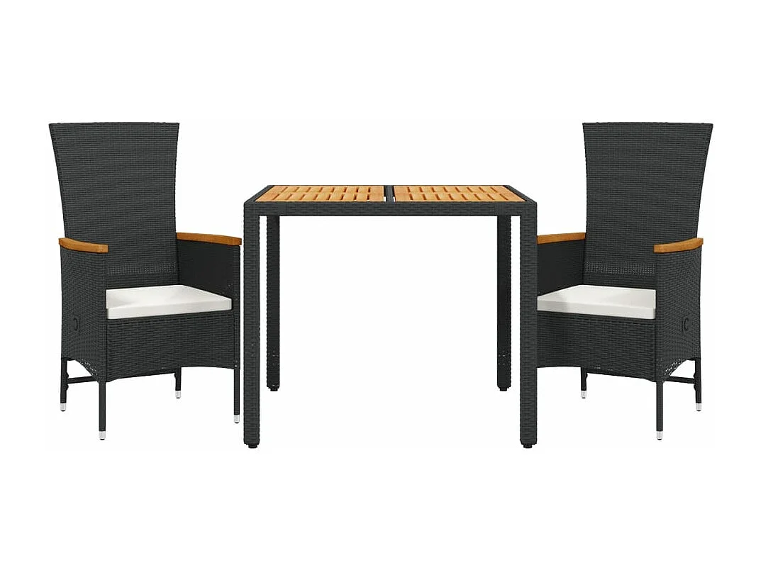 3-tlg. Garten-Essgruppe mit Kissen Schwarz Poly Rattan