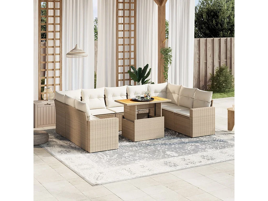 10-tlg. Garten-Sofagarnitur mit Kissen Beige Poly Rattan