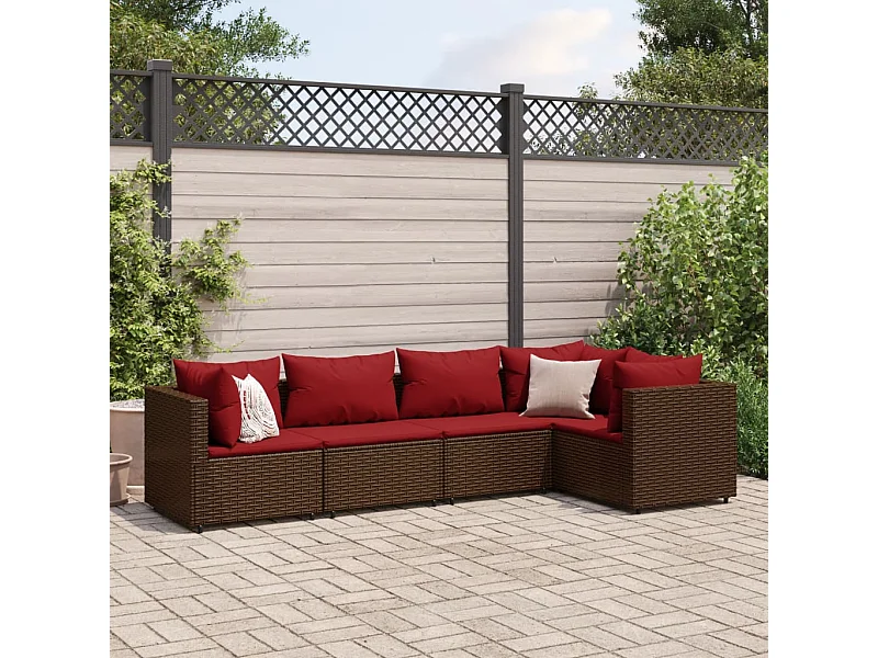 Set Divani da Giardino 5 pz con Cuscini Marrone in Polyrattan