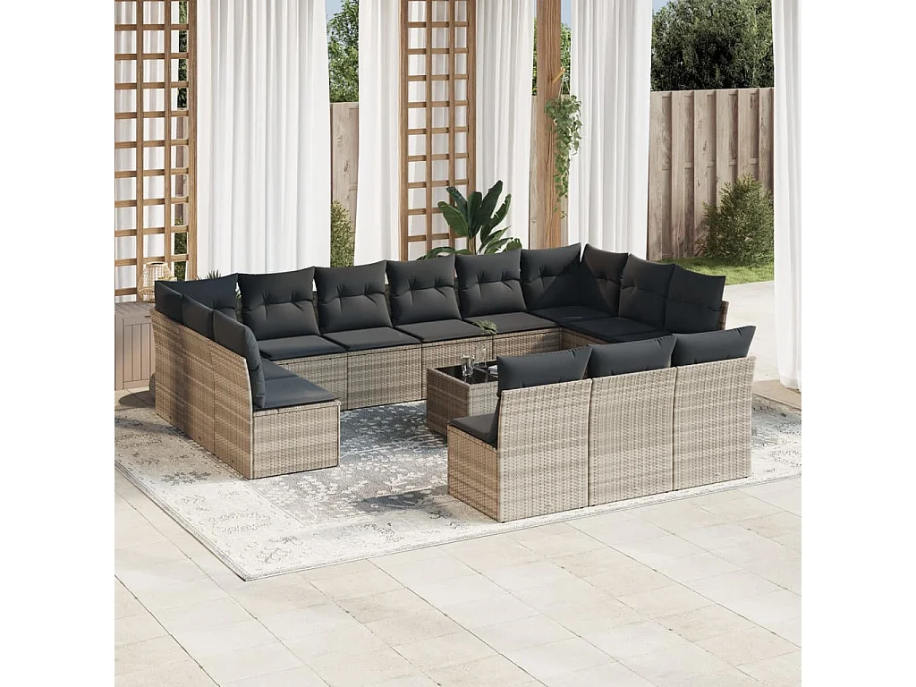 14-tlg. Garten-Sofagarnitur mit Kissen Hellgrau Poly Rattan