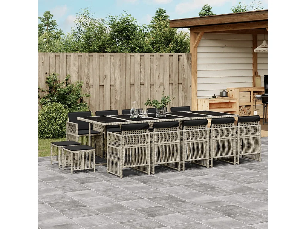 Ensemble à manger de jardin et coussins 15 pcs gris clair rotin
