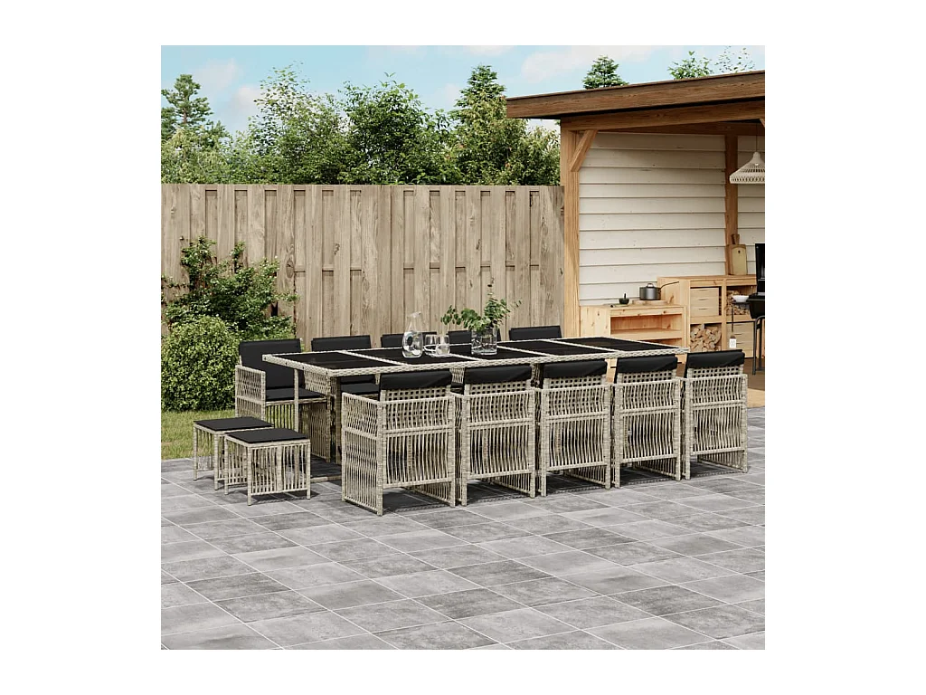 Ensemble à manger de jardin et coussins 15 pcs gris clair rotin