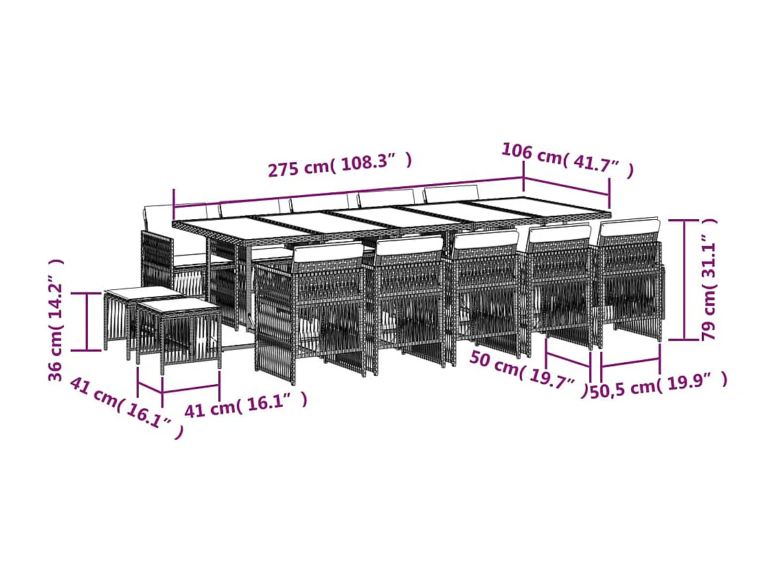 15 pcs conj. jantar jardim c/ almofadões vime PE cinzento-claro