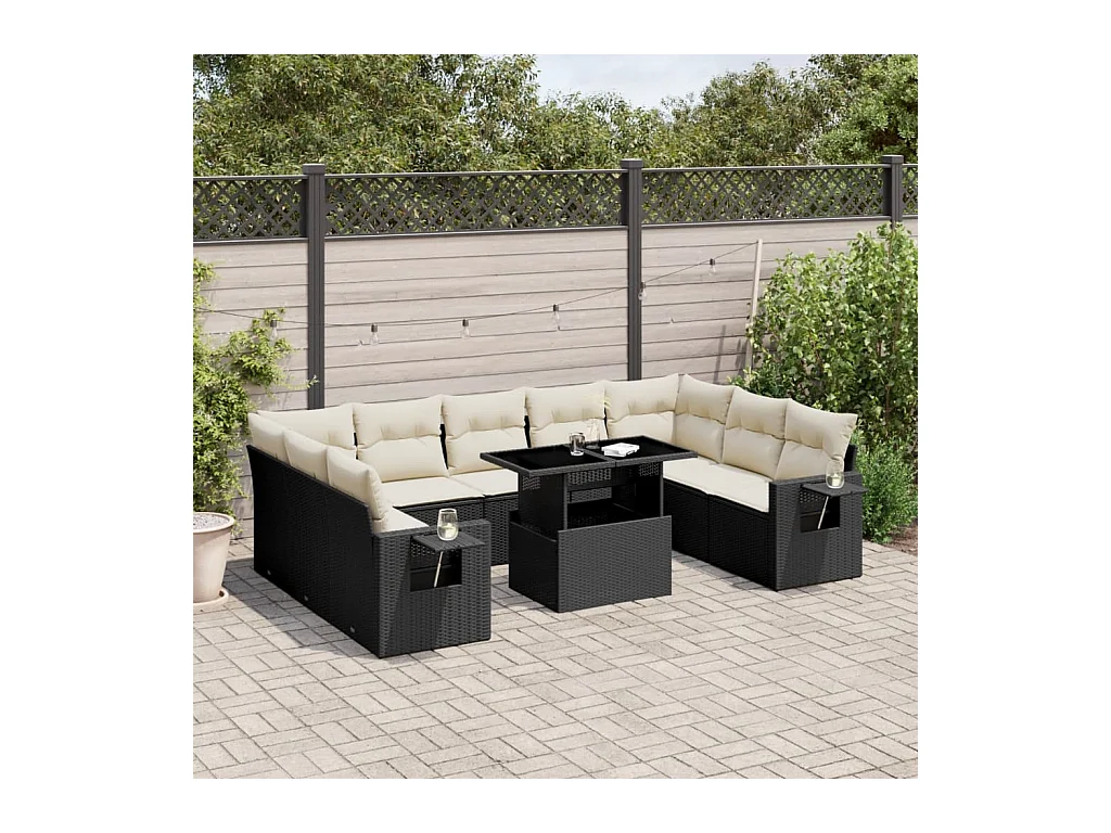Set Divani da Giardino 10pz con Cuscini in Polyrattan Nero