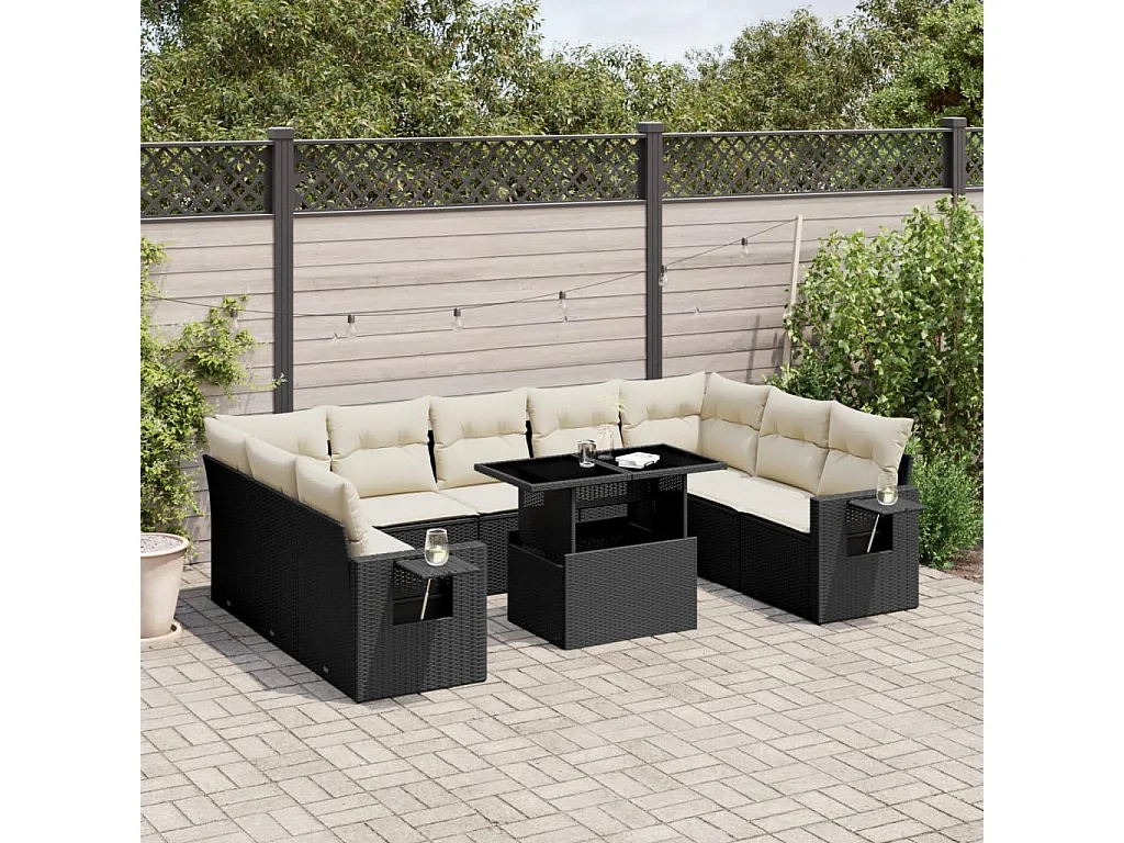 Set Divani da Giardino 10pz con Cuscini in Polyrattan Nero