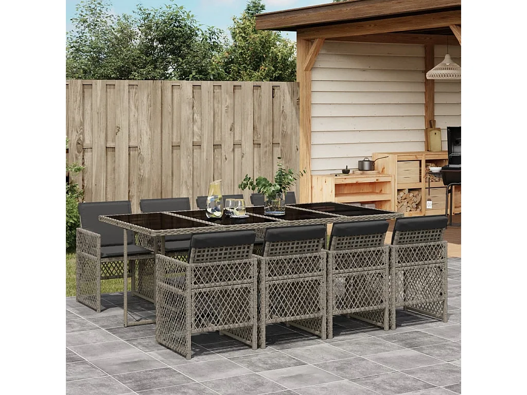 Ensemble à manger de jardin 9 pcs coussins gris résine tressée