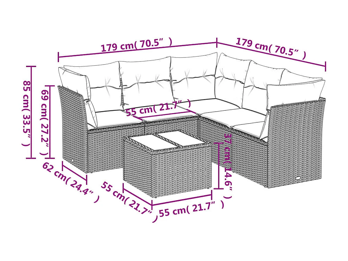 6-tlg. Garten-Sofagarnitur mit Kissen Grau Poly Rattan