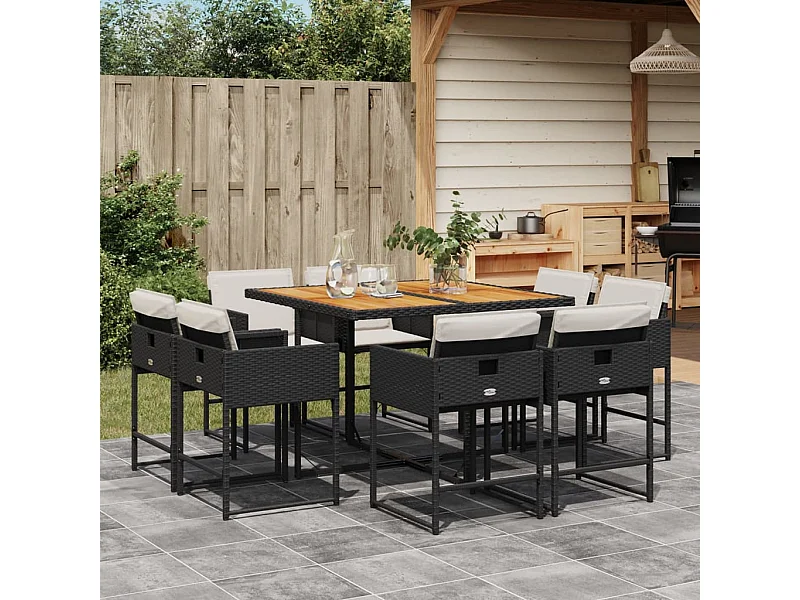 Ensemble à manger de jardin 9pcs coussins noir résine tressée