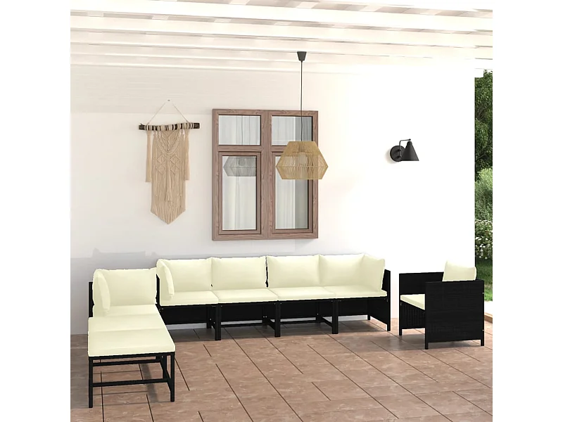 Salon de jardin 8 pcs avec coussins Résine tressée Noir