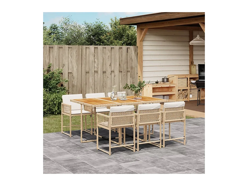 7-tlg. Garten-Essgruppe mit Kissen Beige Poly Rattan