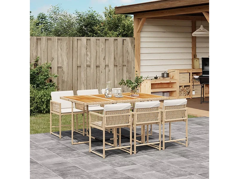 Set da Pranzo da Giardino 7 pz con Cuscini Beige in Polyrattan