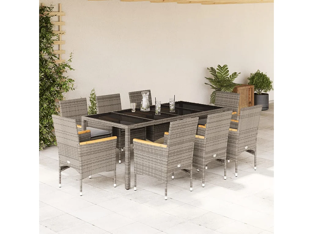 9 pcs conjunto jantar jardim c/ almofadões vime PE/vidro cinza