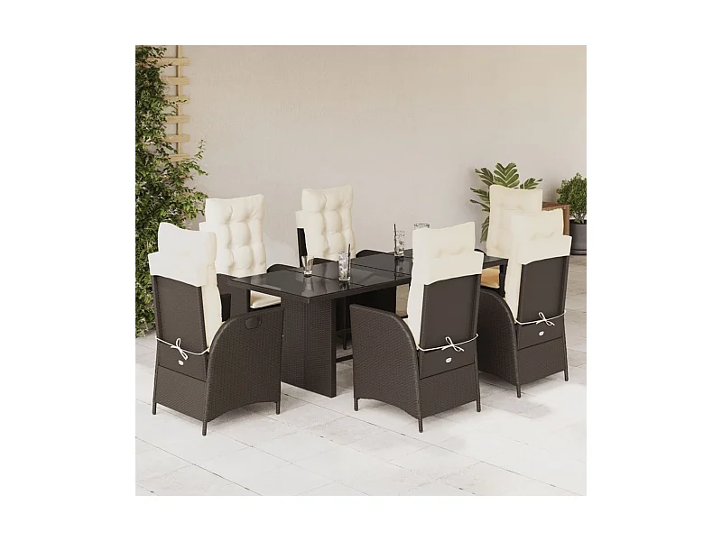 Ensemble à manger de jardin et coussins 7 pcs marron rotin