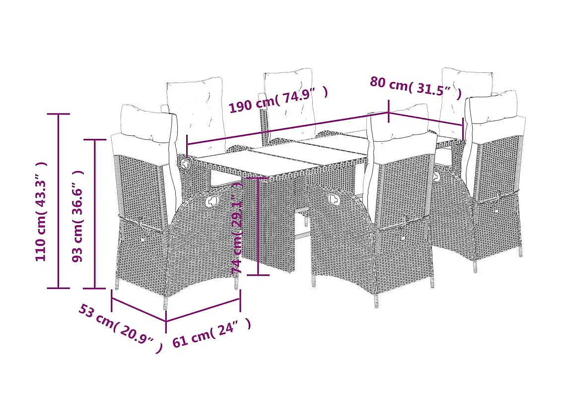 7 pcs conjunto jantar p/ jardim c/ almofadões vime PE castanho