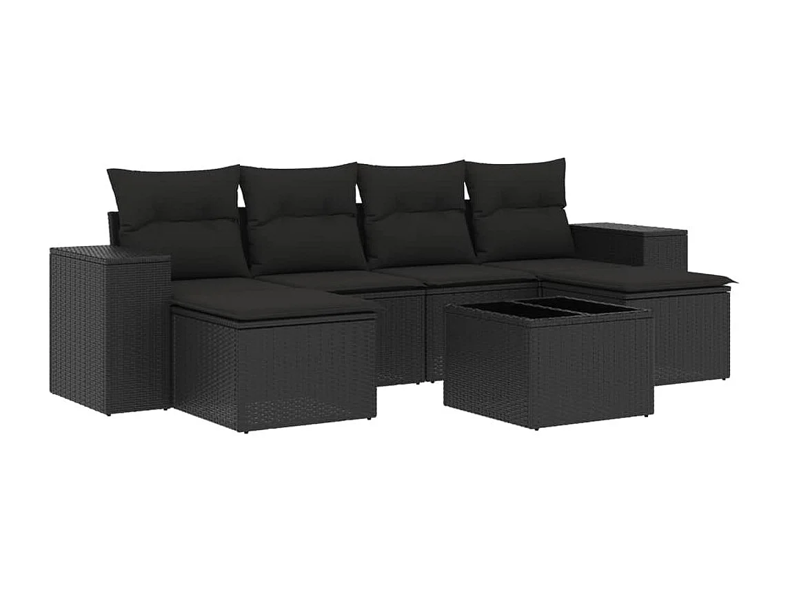 7-delige Loungeset met kussens poly rattan zwart