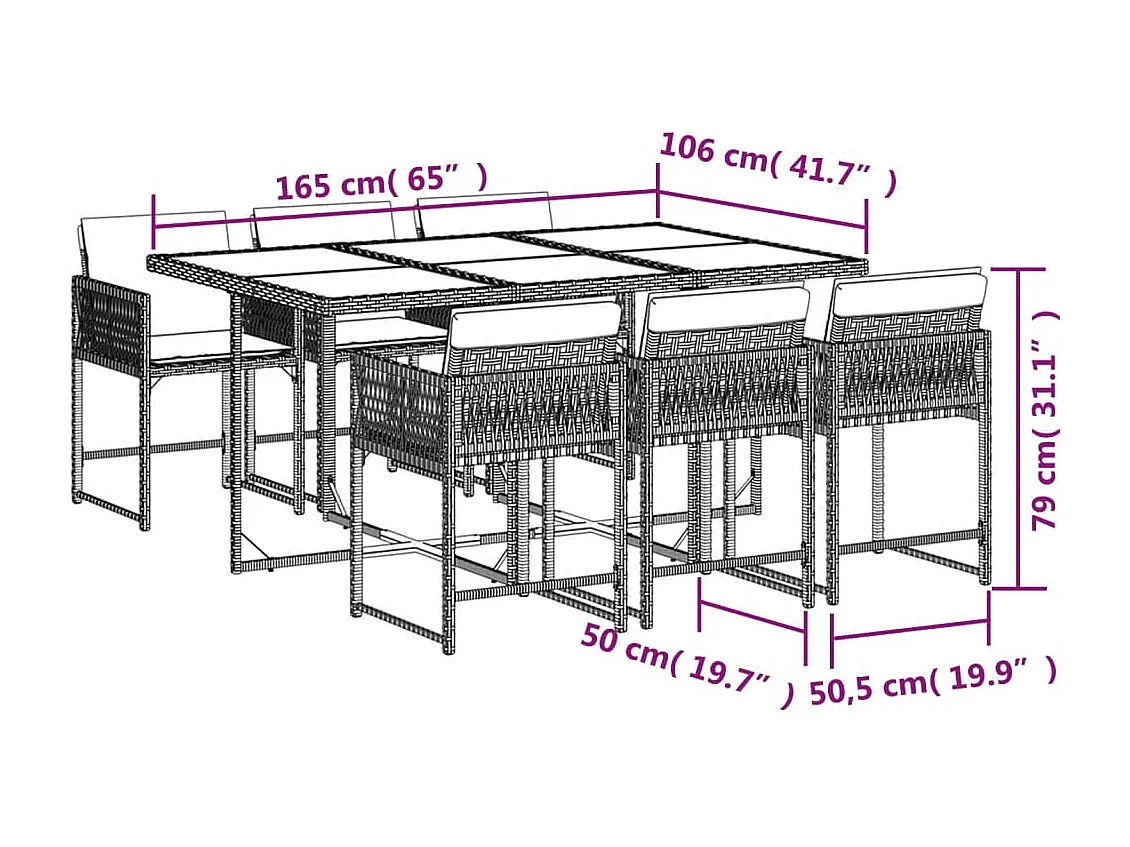 Ensemble à manger de jardin et coussins 7 pcs gris rotin