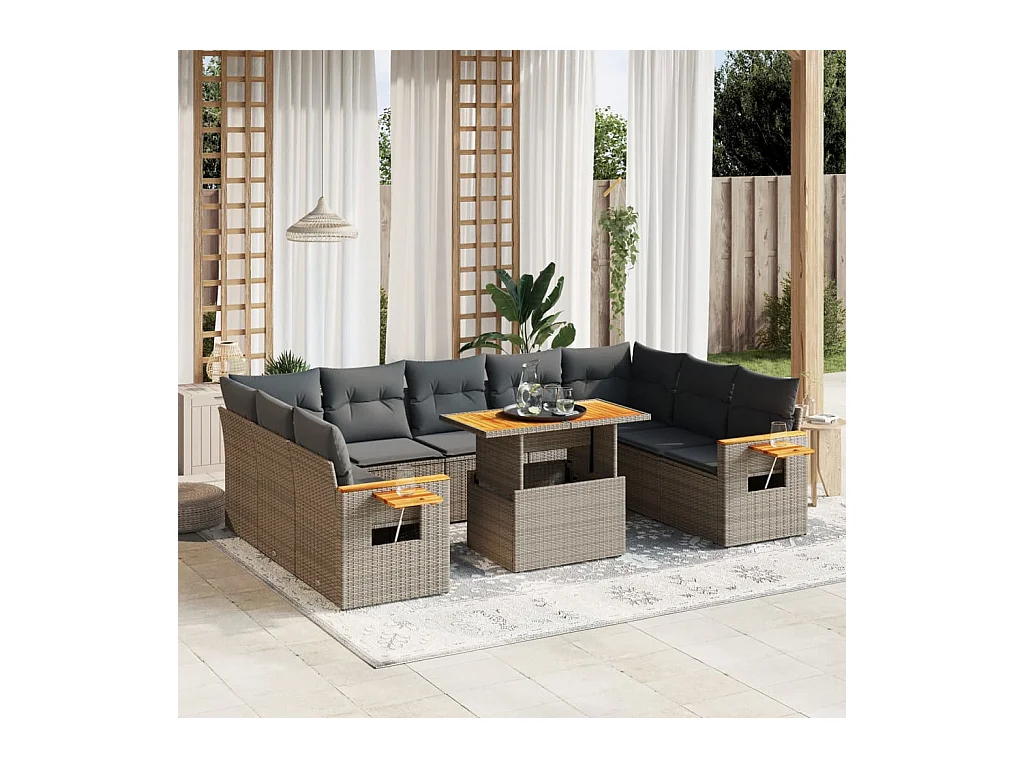Salon de jardin 11 pcs avec coussins gris résine tressée