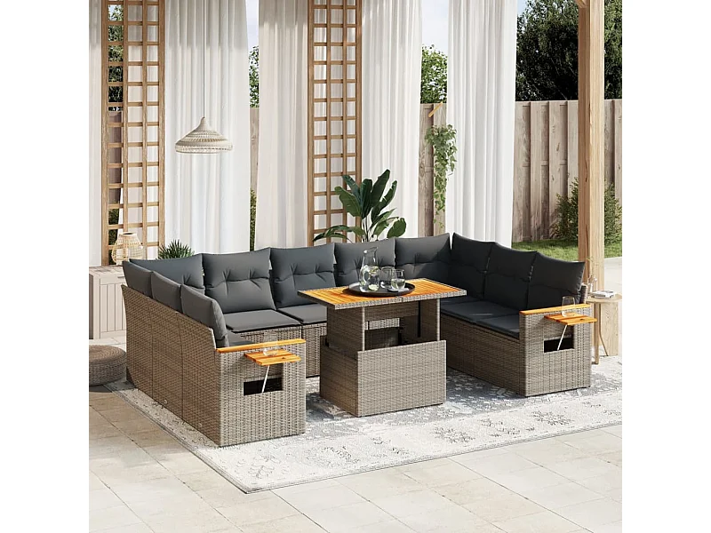 Salon de jardin 11 pcs avec coussins gris résine tressée