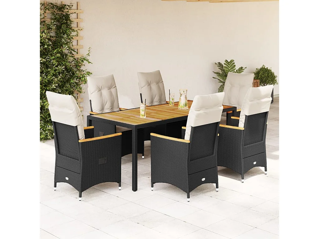 Set da Pranzo da Giardino 7 pz Nero con Cuscini in Polyrattan