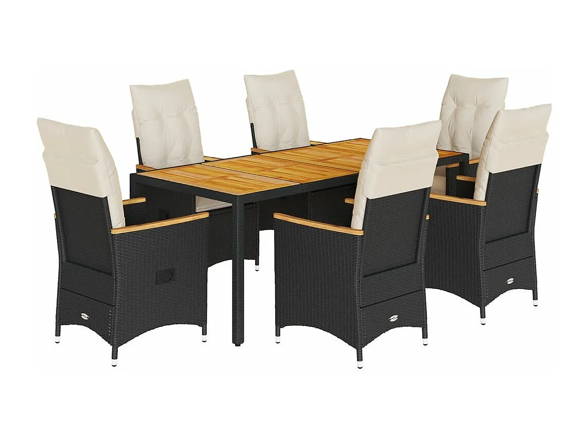 Set da Pranzo da Giardino 7 pz Nero con Cuscini in Polyrattan