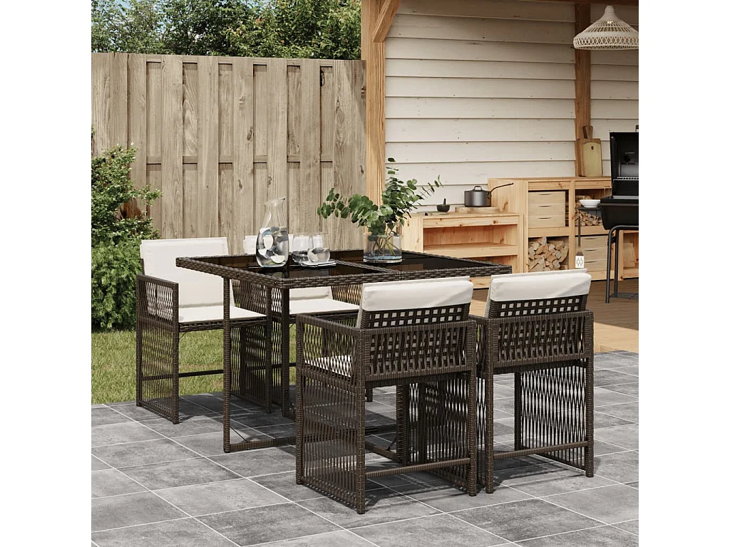 Set da Pranzo da Giardino 5pz con Cuscini in Polyrattan Marrone