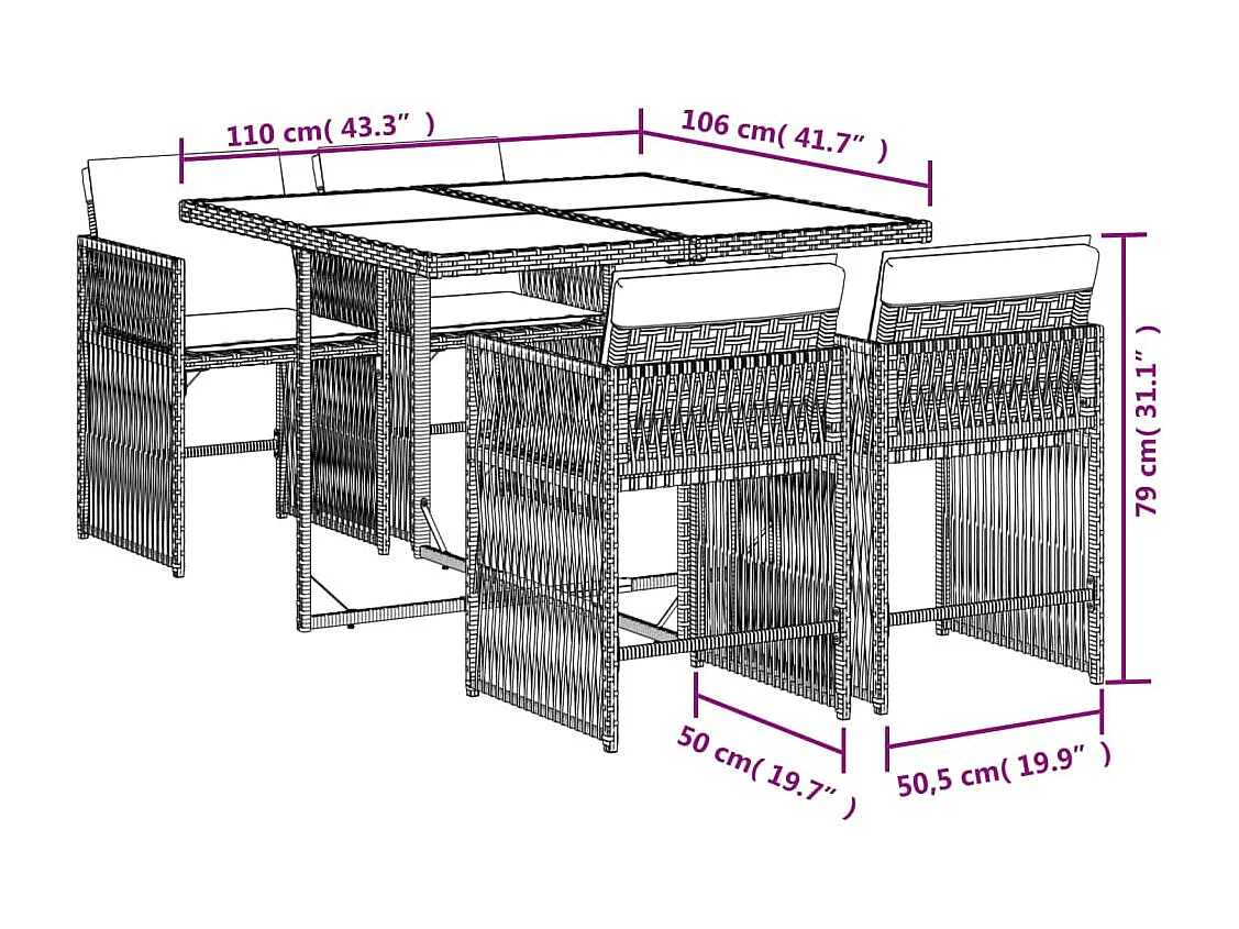 Set da Pranzo da Giardino 5pz con Cuscini in Polyrattan Marrone