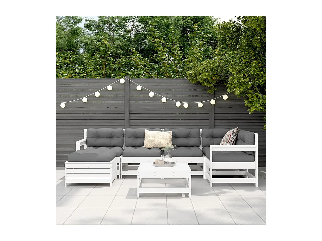 Salon de jardin 7 pcs blanc bois de pin massif