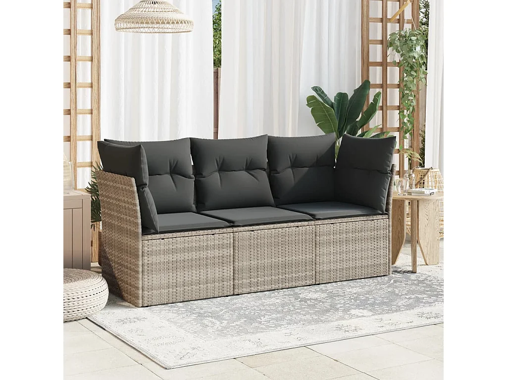 Set Divano da Giardino 3pz con Cuscini Grigio Chiaro Polyrattan
