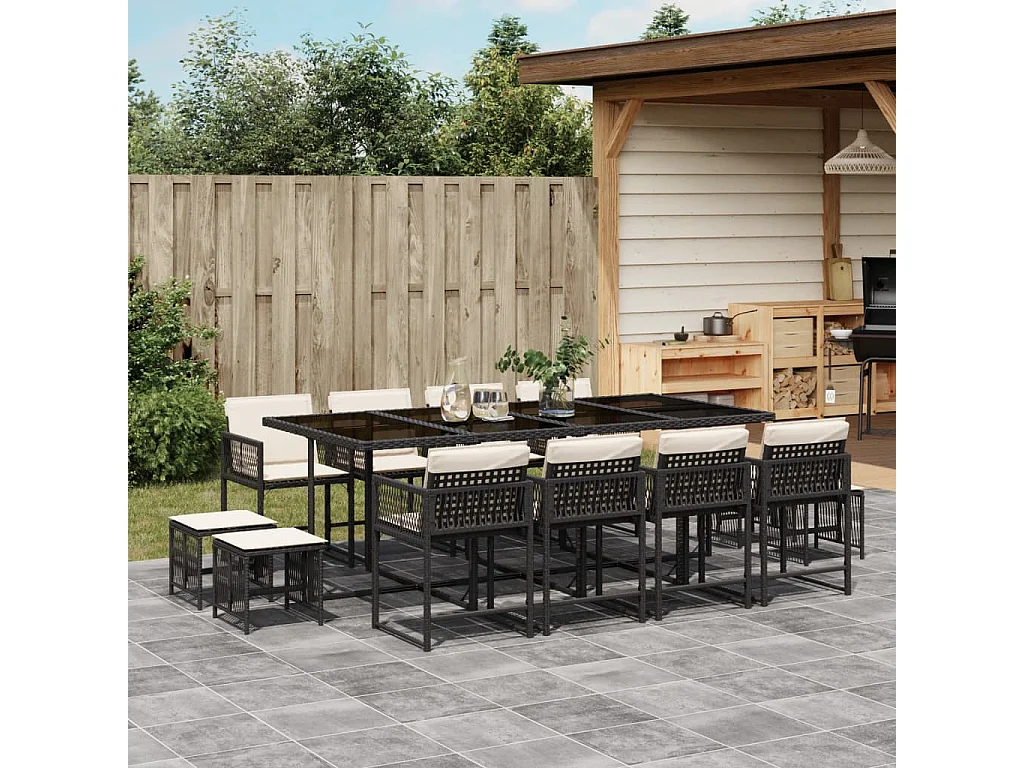 Ensemble à manger de jardin 13 pcs coussins noir résine tressée