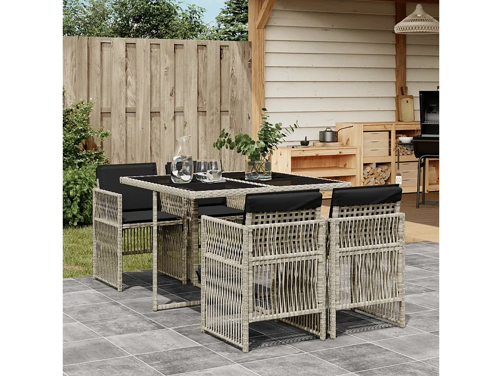 Set Pranzo da Giardino 5pz con Cuscini Grigio Chiaro Polyrattan